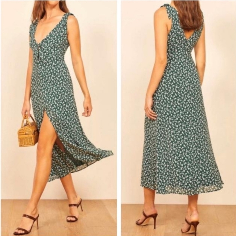 Reformation Women's Harper Whimsical Fairy Floral Forest Green Midi Dress. SZ 2 - Picture 2 of 10